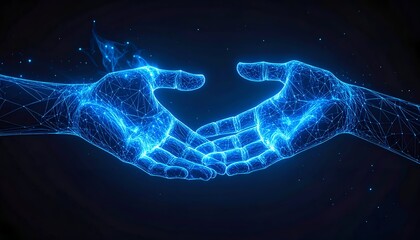 Two stylized, glowing digital hands reaching toward each other in darkness
