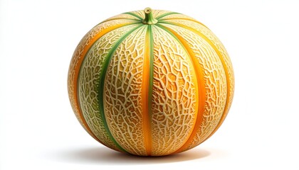 Close-up of a perfectly ripe, round, textured, orange-yellow melon