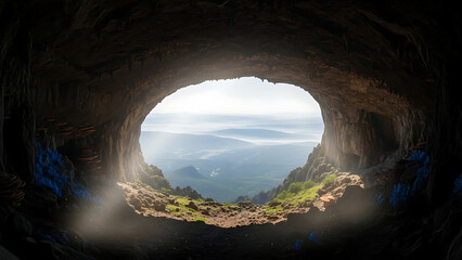 Mountain Cave Entrance Overlooking Vast Landscape - Hidden Sanctuary or Dragon's Lair