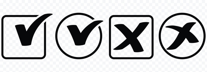 Hand drawn check and cross icons set in circle and square outline checklist marks vector illustration. Check tick mark icon set. Cross box x check mark checkbox v list vector draw hand drawn sketch. © Hike Studio 786