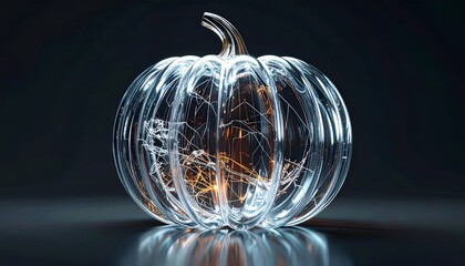 Transparent glass pumpkin with glowing internal filaments on a dark surface