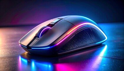 Sleek gaming mouse with RGB lighting, sitting on a reflective surface