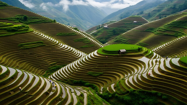 Morning light bathes the lush green Bali rice terraces as they carve a scenic landscape across the rural Asian valley mountainside - Powered by Adobe