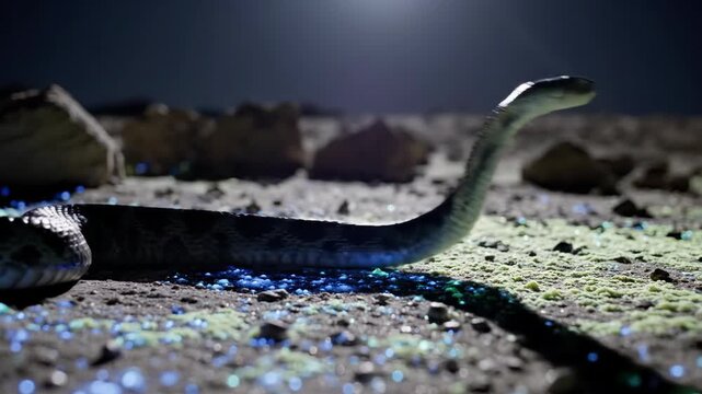 Majestic cobra poised in the arid desert landscape under moonlight reflection