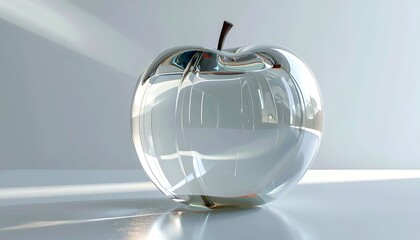 A translucent, glass apple sculpture casts light and shadow on a surface