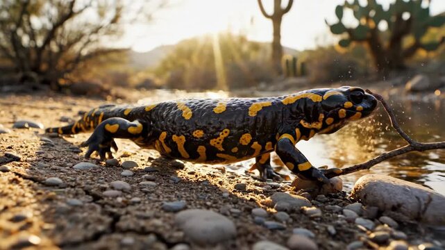 Close-up of a fire salamander on a rocky riverbank in a desert landscape