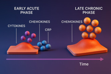 Medical inflammation timeline comparison of early acute phase versus late chronic phase. graphic shows molecular markers and protein increasing over time gradient with scientific lighting