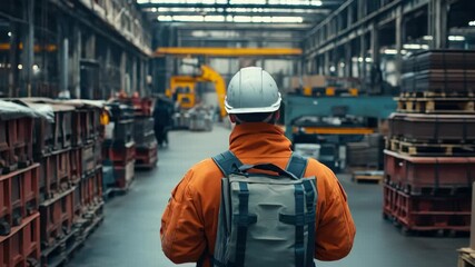 Warehouse worker wearing safety equipment inspects the area while ensuring compliance and safety standards within the facility during daytime operations