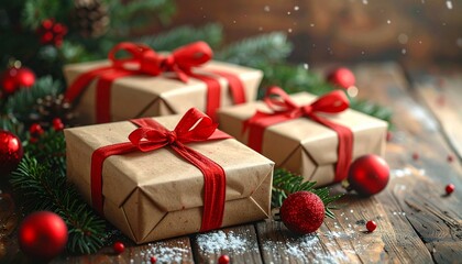 Obraz premium Festive image of wrapped presents with red bows and ornaments on rustic wooden table
