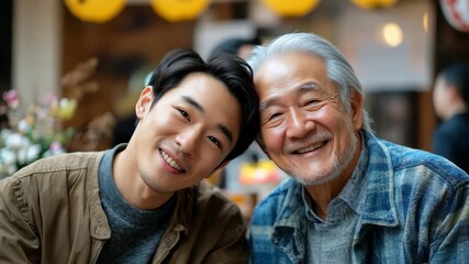 Surprised Asian man celebrating his elderly father's birthday at a festive gathering with joyful expressions and colorful decorations