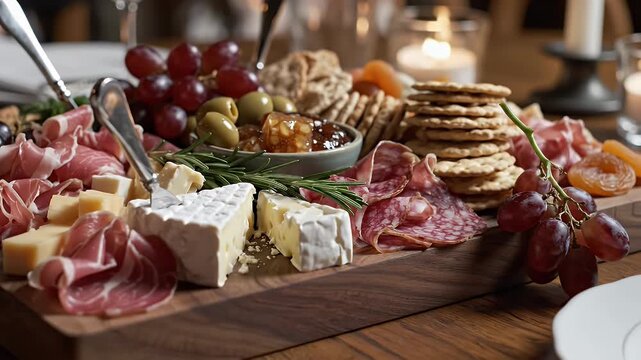Delicious Charcuterie Board with Cheese, Meats, Fruits, and Crackers Arrangement