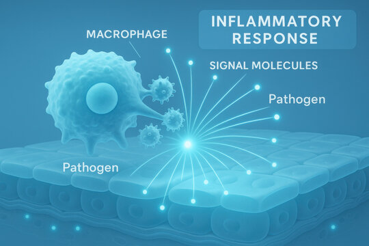 Calm scientific diagram of an inflammatory response. This medical illustration shows macrophage cell detecting pathogen, starting an immune response with signal molecule
