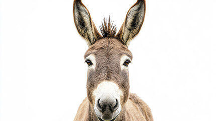 Close up of donkey with long ears and soft fur looking directly at camera with calm and gentle expression on white background