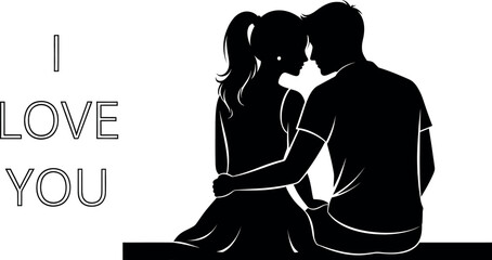 Black silhouette of a loving couple sitting together with romantic text