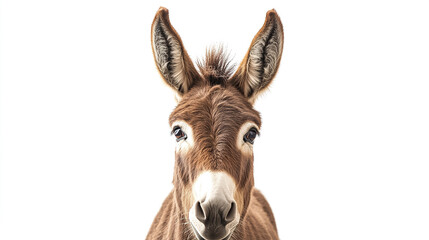 Close up of brown donkey with long floppy ears and gentle expression on white background, showing detailed fur texture and soft eyes