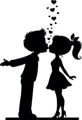 Silhouette of romantic couple kissing with hearts floating above