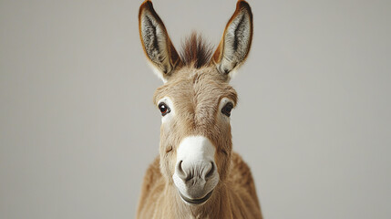 Close up of donkey with long floppy ears and gentle expression looking directly at camera against plain neutral background, showing soft fur texture and calm eyes
