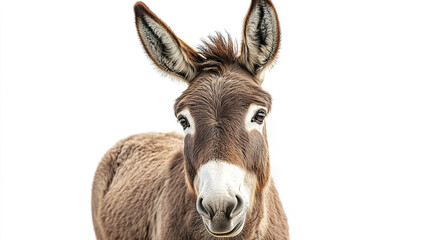 Close up of donkey with long floppy ears and gentle expression, showing detailed fur texture and soft brown and white coloring against white background