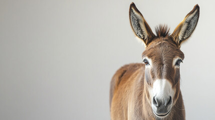 Close up of brown donkey with long ears and gentle expression standing against plain light background, showing detailed fur texture and calm eyes