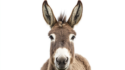 Close up of donkey with long ears and soft brown fur looking directly at camera with gentle and calm expression on white background
