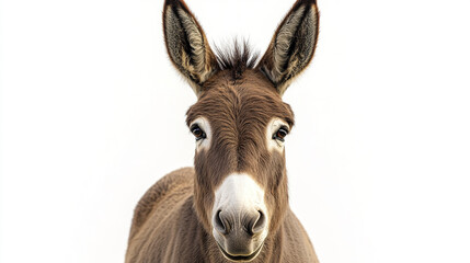 Close up of brown donkey with long floppy ears and gentle expression on white background, showing detailed fur texture and soft eyes