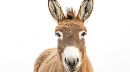 Close up of donkey with long floppy ears and soft brown fur, showing gentle expression against clean white background, highlighting its textured coat and calm demeanor