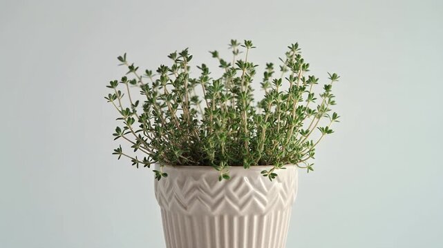Aromatic green thyme in pot isolated on white background. 