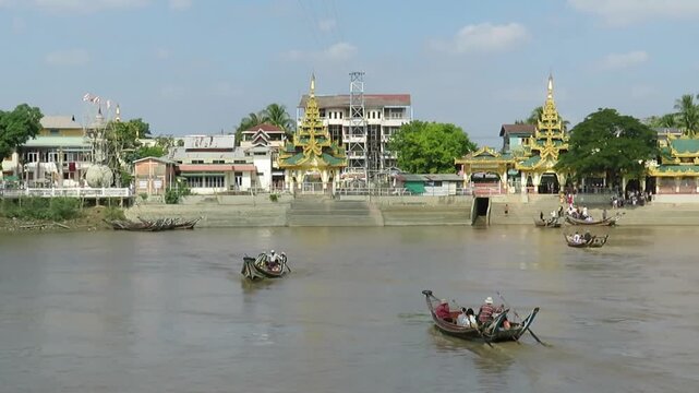 Traditional Burmese Boats on a Tributary of the Yangon and Bago Rivers in Myanmar