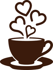 A brown coffee cup and saucer with steam hearts rising up