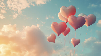 Dreamy pastel sky with soft clouds and heart shaped balloons floating gently, creating romantic and peaceful atmosphere filled with warm light and delicate colors