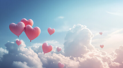 Dreamy pastel sky with heart shaped balloons floating gently among soft white clouds, creating romantic and peaceful atmosphere filled with light and love
