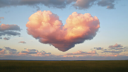 Heart shaped pink cloud floats above green field under soft blue sky with scattered clouds, creating dreamy and romantic atmosphere at sunset