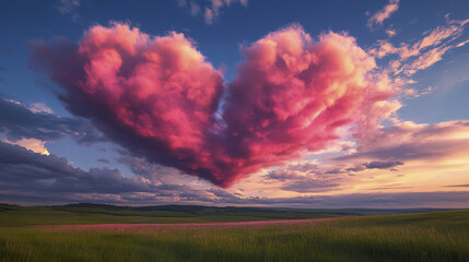 Dreamy sky with fluffy pink clouds forming heart shape floats above green field at sunset, creating romantic and peaceful atmosphere in natural landscape