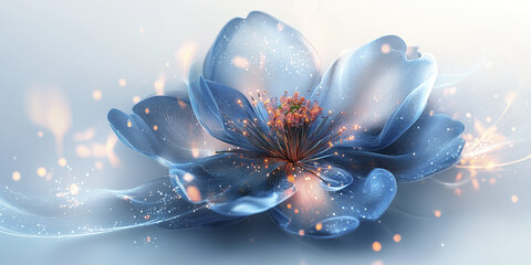 Fantasy inspired glowing flower with bioluminescent petals and sparkling light effects creates magical and ethereal atmosphere in soft blue and warm orange tones
