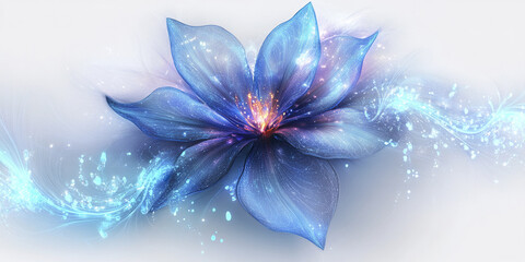 Glowing blue fantasy flower with bioluminescent petals and sparkling light effects, creating magical and ethereal atmosphere with delicate glowing trails