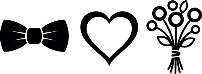 Black bow tie, heart shape, and bouquet of flowers icons