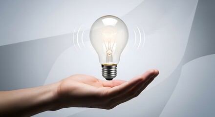 Hand supporting glowing light bulb floating in the air, representing innovation, idea, and concept development on a grey abstract background.