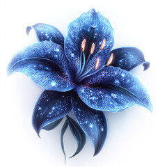 Glowing fantasy inspired lily with deep blue petals sparkling with light spots and delicate orange stamens, creating magical and ethereal floral appearance