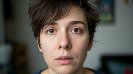 Young woman s direct honest gaze messy hair framing deep thought Naturally lit blurred