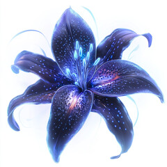 Glowing fantasy inspired lily with deep blue petals and bright blue speckles, radiating ethereal light and delicate beauty in surreal style