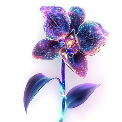 Fantasy inspired orchid with glowing neon petals and sparkling star like patterns creates magical and vibrant floral display with deep purple and blue hues