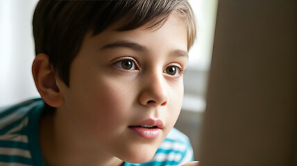 A curious young boy s gaze captivated by unseen wonder Soft light blurred background