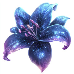 Glowing fantasy inspired lily flower with deep blue and purple petals speckled with light spots, creating magical and enchanting visual effect