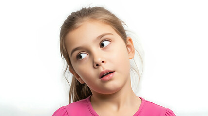 A young girl s curious surprised expression looking sideways clean studio light white
