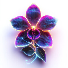 Glowing neon orchid flower with vibrant purple and blue petals and delicate leaves, radiating magical and futuristic aura on soft white background