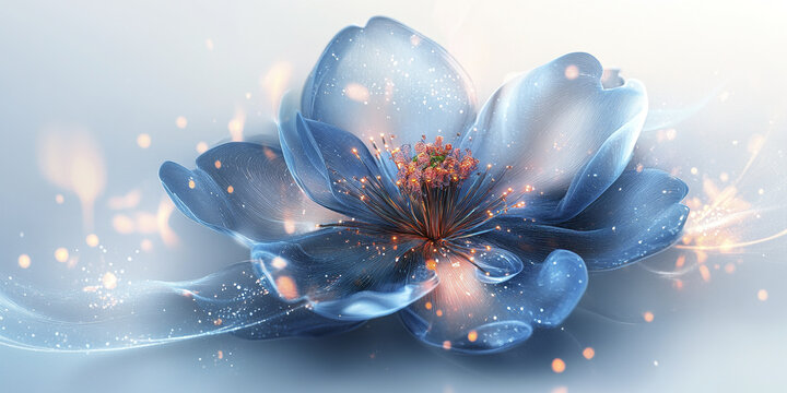 Fantasy inspired glowing flower with bioluminescent petals and sparkling light effects creates magical and ethereal atmosphere in soft blue and warm orange tones