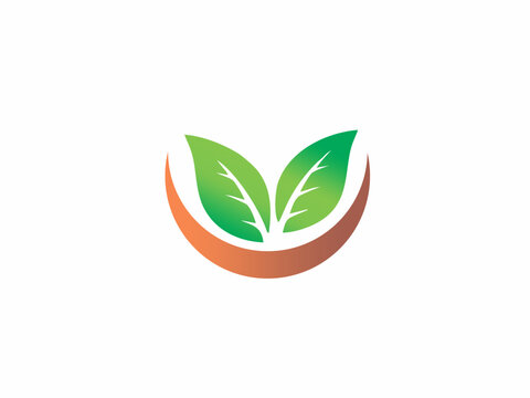 Eco-friendly and sustainable business logo template featuring two green leaves in a circular orange frame.