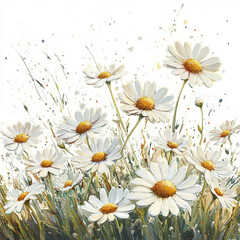 Field of white daisies with yellow centers swaying gently in breeze, painted with textured brushstrokes creating lively and bright floral scene full of natural beauty and calm