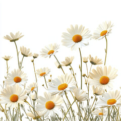 Field of white daisies with bright yellow centers swaying gently in breeze against clean white background, creating fresh and cheerful natural scene