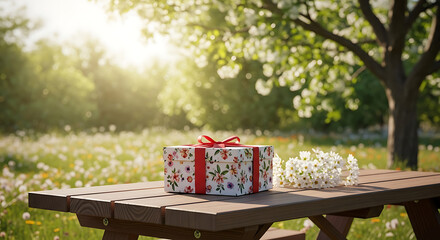 Floral gift box with red ribbon and white flowers on a wooden picnic table in a sunny meadow scene ai generated
